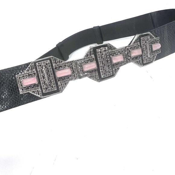 Vintage Judith Lieber Art Noveau Black Snakeskin & Rhinestone Hook Belt 34” Long main image 6